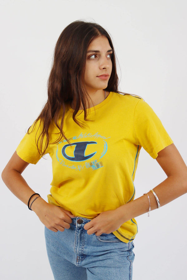 Vintage Champion Logo T-Shirt S - Yellow - ENDKICKS